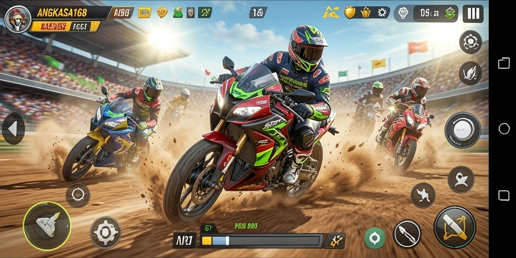 Tampilan gameplay seru dalam balapan motor ANGKASA168.