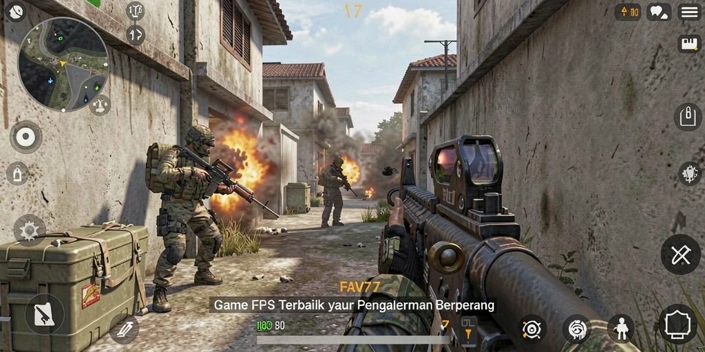 Screenshot FAV77 menunjukkan aksi intens dalam gameplay FPS.
