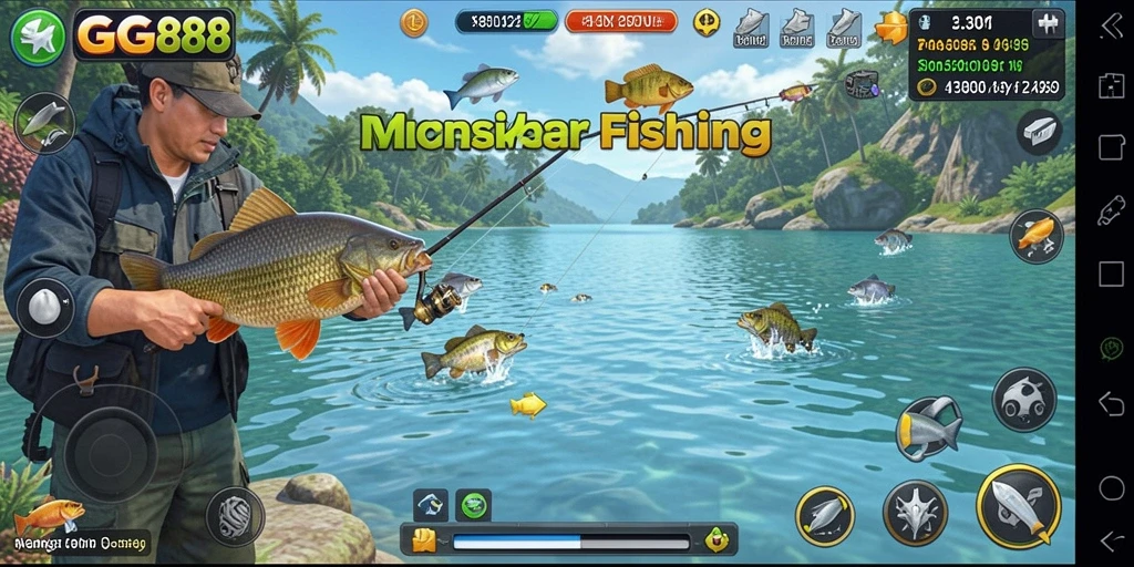 Screenshot GGG888 menunjukkan pemain sedang memancing di lokasi yang indah.