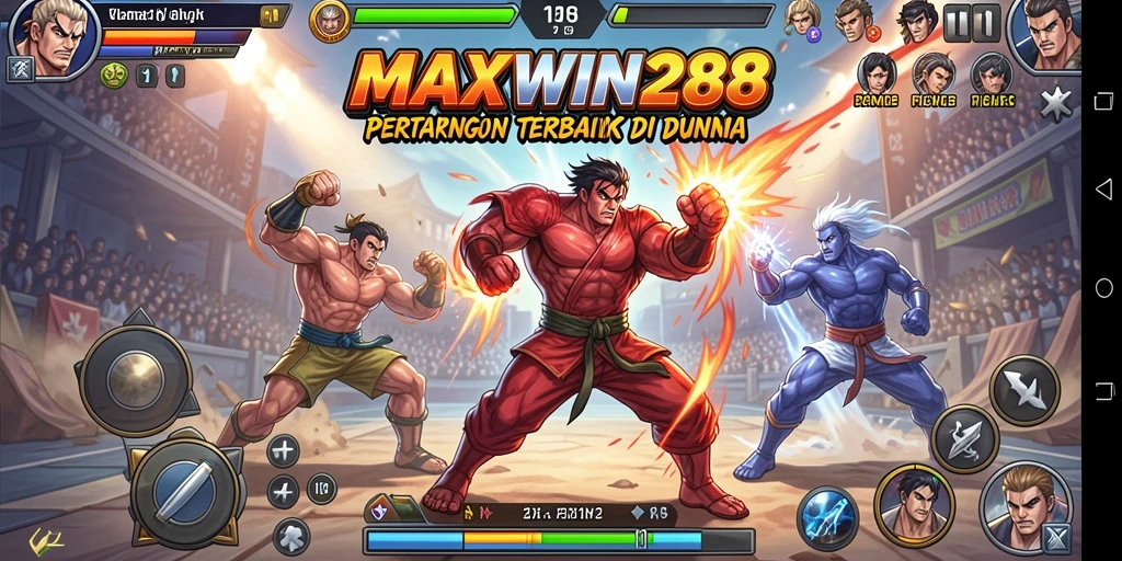 Screenshot gameplay MAXWIN288 menampilkan pertarungan seru antara dua karakter.