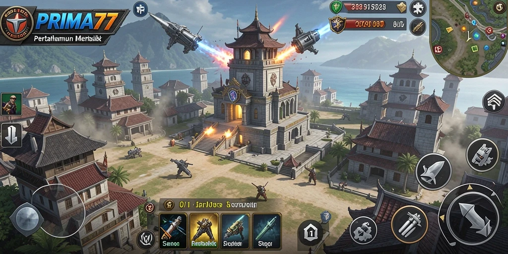 Screenshot gameplay menunjukkan menara strategis dalam menghadapi gelombang musuh.