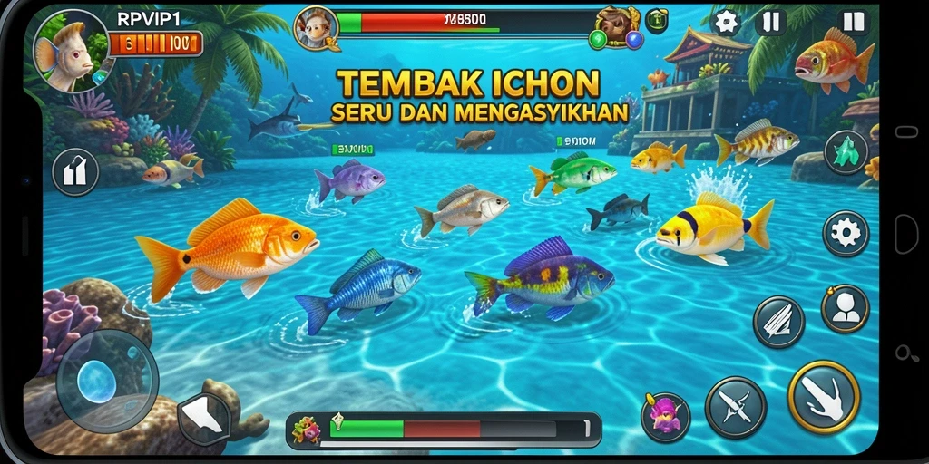 Screenshot RPVIP1 menampilkan gameplay seru saat memburu ikan.