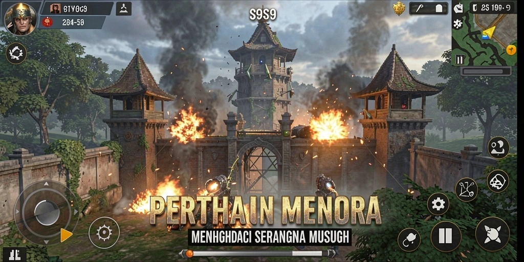 Screenshot menunjukkan strategi menara yang intens dalam S9S9.