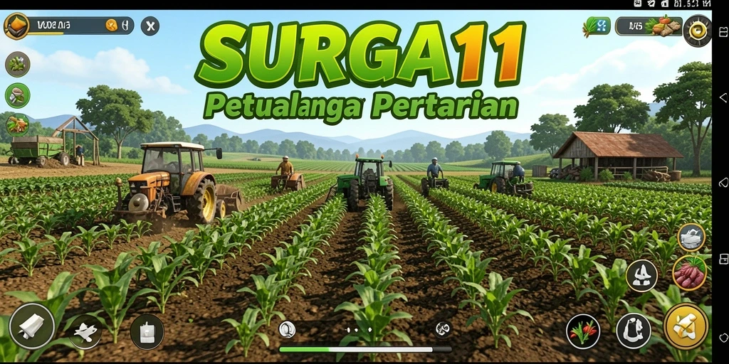 Screenshot gameplay SURGA11 menampilkan kebun yang rimbun dan hewan ternak aktif.