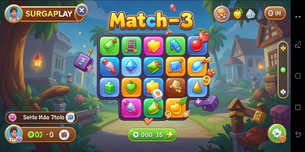 Screenshot gameplay SURGAPLAY, menampilkan elemen Match-3 yang menarik.